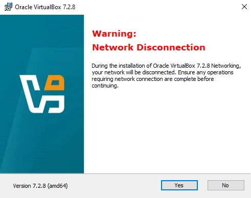 VirtualBox network disconnection warning dialog during installation
