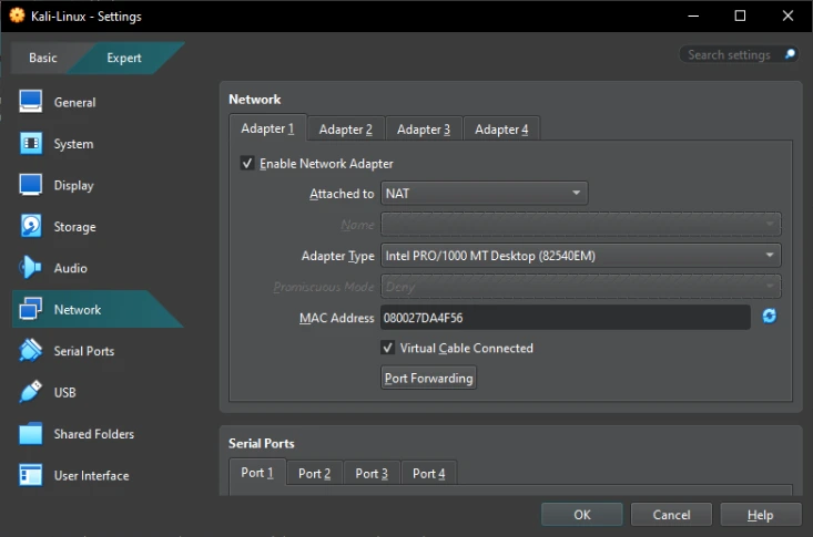 VirtualBox Kali Linux Network Settings showing Adapter 1 attached to NAT mode