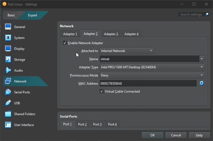 VirtualBox Kali Linux Network Settings showing Adapter 2 configured with Internal Network