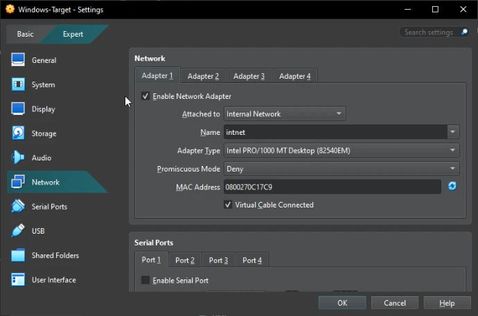 VirtualBox Windows Target settings showing Adapter 1 attached to Internal Network named intnet