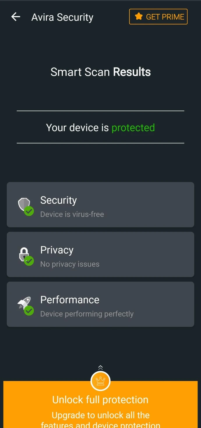 Avira Security app interface displaying clean smart scan results and device protected status.