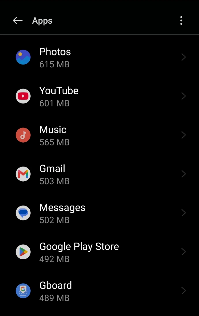 Android apps manager displaying system storage and background application permissions.