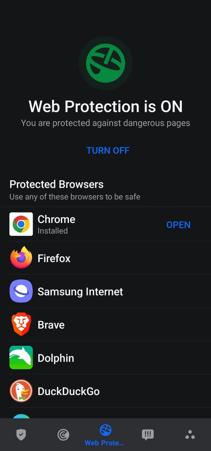 Bitdefender mobile security interface showing active cloud web protection enabled.
