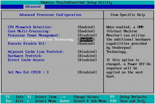 Enabling Intel Virtualization Technology settings in BIOS