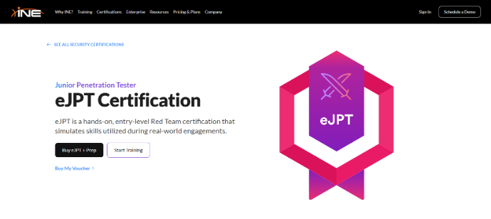 A screenshot of the INE Security platform displaying the eJPT practical ethical hacking course curriculum and lab environment overview.