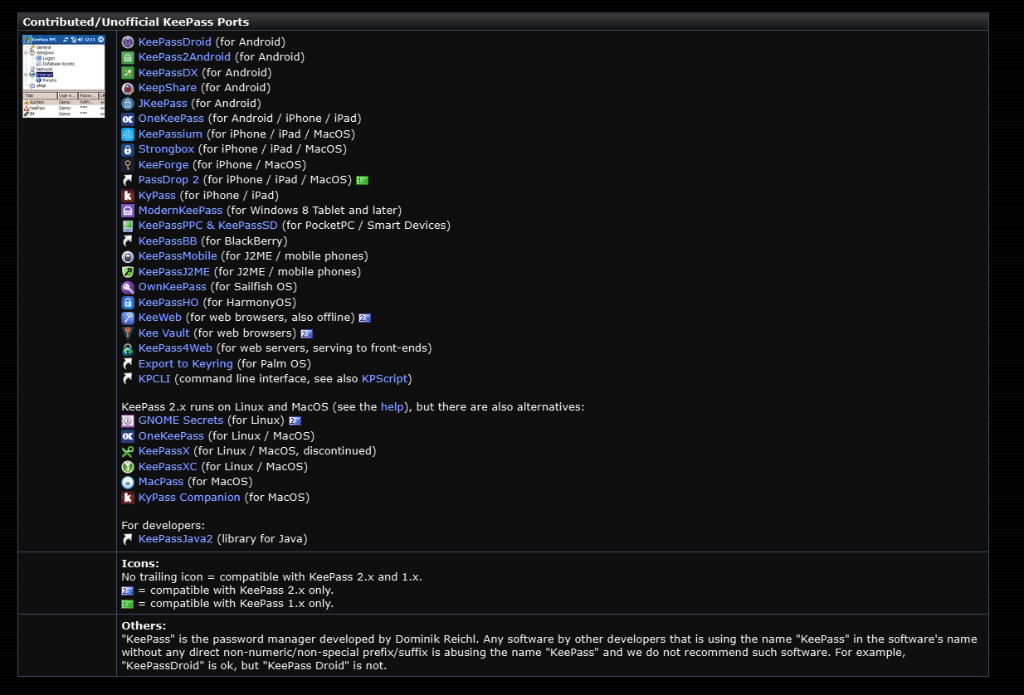 KeePass official open source download website showcasing traditional web design and software version updates