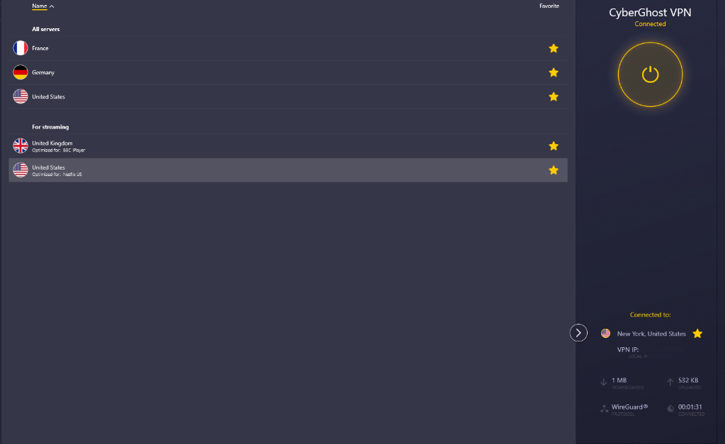 CyberGhost app server selection menu showing dedicated, in-house operated NoSpy hardware servers