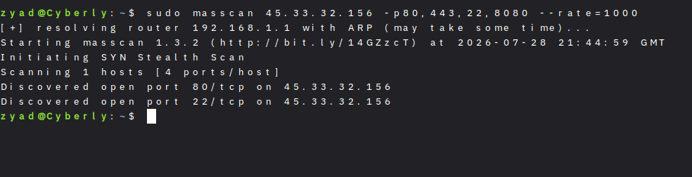 Masscan CLI terminal executing high speed port scanning on target server