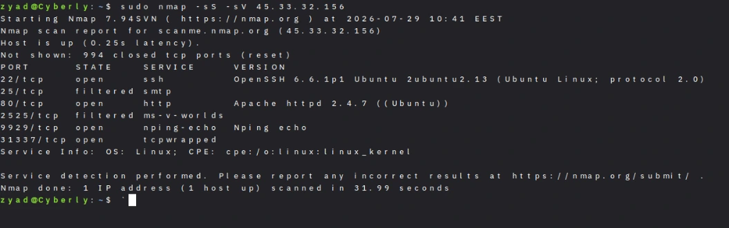 Nmap TCP SYN scan command outputting open ports and OS fingerprints in Linux terminal