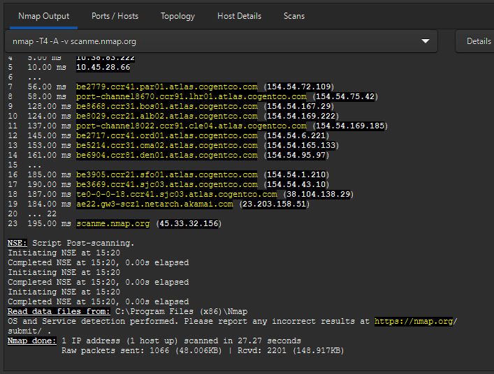 Zenmap GUI interface executing Nmap network scan with detailed target host results